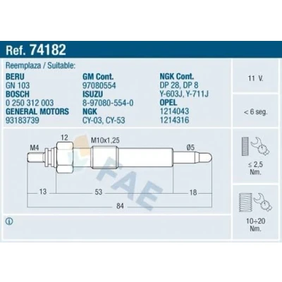 Bilde av FAE 74182 Glødeplugg 11V M 10x1.25 OPEL: Astra F CC