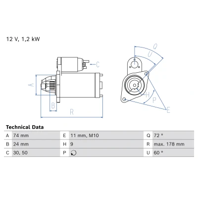 Bilde av BOSCH 0 986 026 460 Starter 12V 1,2kW 9 50, 30 rechts 74mm TOYOTA: Corolla XI Sedan, Auris Hatchback