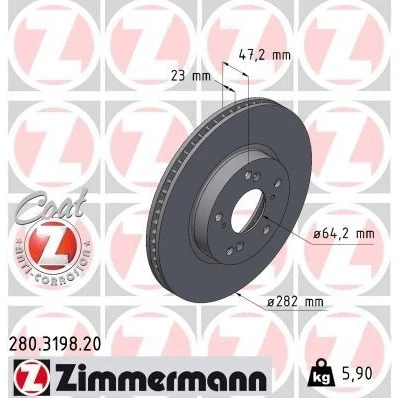 Bilde av ZIMMERMANN 280.3198.20 Bremseskiver 282 23 9/5 5 114 innvendig ventilert belagt HONDA: CIVIC 10