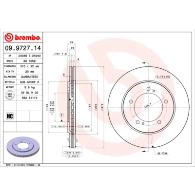 Bilde av BREMBO 09.9727.14 Bremseskiver 310 22 5 innvendig ventilert SUZUKI: Grand Vitara 1 SUV, 2 SUV