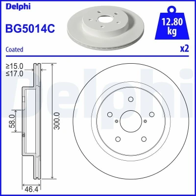 Bilde av DELPHI BG5014C Bremseskiver 300 17 5 ventilert, fullt ut belagt uten hjullager, ABS sensorring SUBARU: Outback IV, V