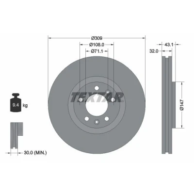 Bilde av TEXTAR 92111900 Bremseskiver 309 32 05/07 108 innvendig ventilert uten hjulfestebolt, hjulnav PEUGEOT: 607 Sedan