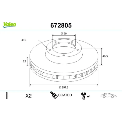 Bilde av VALEO Bremseskive FIAT: 500 Hatchback, BRAVO 2, Panda II ALFA ROMEO: MiTo, 155 257mm 22mm 4 hull ventilert belagt 672805 46401356,46831041