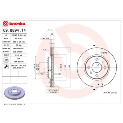 Bilde av BREMBO 09.8894.14 Bremseskiver 239 20 4 innvendig ventilert med skruer LADA: Priora Sedan