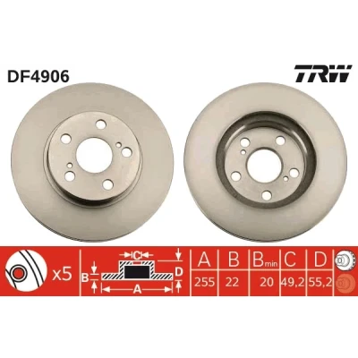 Bilde av TRW DF4906 Bremseskiver 255 22 5 100 ventilert spraylakkert TOYOTA: Prius II Liftback