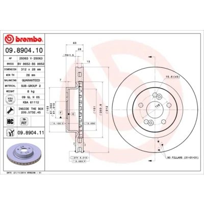 Bilde av BREMBO COATED DISC LINE 09.8904.11 Bremseskiver 312 28 5 innvendig ventilert belagt høy karbon med skruer RENAULT: CLIO 3, MEGANE 2
