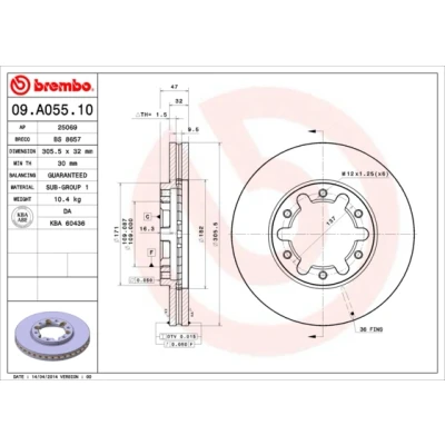 Bilde av BREMBO 09.A055.10 Bremseskiver 306 32 6 innvendig ventilert NISSAN: Patrol GR 5 SUV