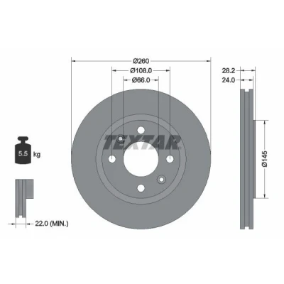 Bilde av TEXTAR PRO 92078603 Bremseskiver 260 24 04/06 108 utvendig ventilert belagt uten hjulfestebolt, hjulnav PEUGEOT: 406 Sedan, Stasjonsvogn