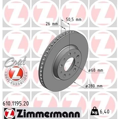 Bilde av ZIMMERMANN COAT Z 610.1195.20 Bremseskiver 280 26 10/5 5 108 innvendig ventilert belagt VOLVO: V70 I, 850 Stasjonsvogn, S70