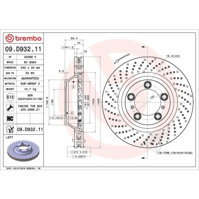 Bilde av BREMBO 09.D932.11 Bremseskiver 340 34 5 perforert / ventilert belagt høy karbon med skruer PORSCHE: 911 Coupé