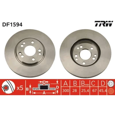 Bilde av TRW DF1594 Bremseskiver 300 28 5 112 ventilert spraylakkert MERCEDES BENZ: W124 Sedan, SL Cabrio, 190