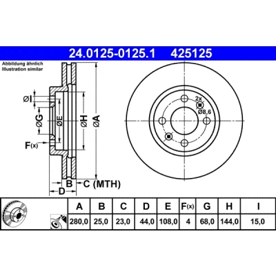 Bilde av ATE 24.0125 0125.1 Bremseskiver 280,0 25,0 4 108,0 ventilert belagt SAAB: 9000 Hatchback