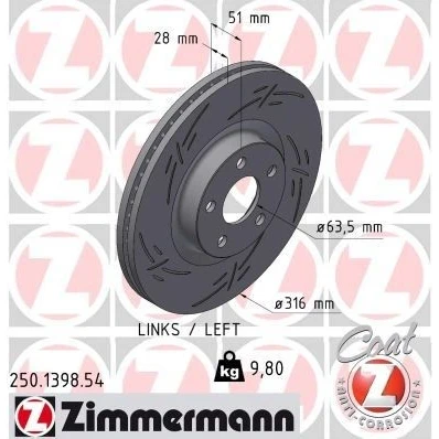 Bilde av ZIMMERMANN 250.1398.54 Bremseskiver 316 28 5/5 5 108 innvendig ventilert, med sliss belagt FORD: Galaxy Mk3 MPV