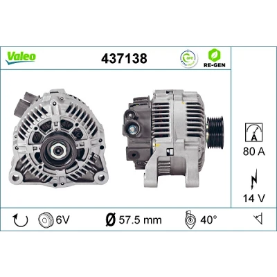 Bilde av VALEO 437138 Dynamo 14V 80A PEUGEOT: Partner I Van, 306 Cabrio, 206 Hatchback, CITROËN: Berlingo / First I, C5 Stasjonsvogn
