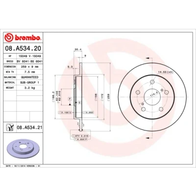 Bilde av BREMBO COATED DISC LINE 08.A534.21 Bremseskiver 259 9 5 fullt ut belagt TOYOTA: Auris Hatchback, Corolla X Sedan, XI Sedan