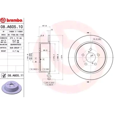 Bilde av BREMBO COATED DISC LINE 08.A605.11 Bremseskiver 274 10 5 fullt ut belagt SUBARU: Outback III, Legacy 4, 4 Limousine