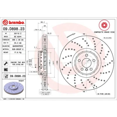 Bilde av BREMBO 09.D898.23 Bremseskiver 395 36 5 perforert / ventilert, todelt bremseskive belagt høy karbon med skruer BMW: Touring, 7, Sedan