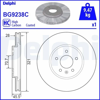 Bilde av DELPHI BG9238C Bremseskiver 321 28 5 ventilert belagt høy karbon uten hjullager, ABS sensorring OPEL: Insignia B Sports Tourer