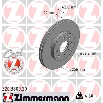 Bilde av ZIMMERMANN COAT Z 320.3809.20 Bremseskiver 256 22 6/4 4 100 innvendig ventilert belagt KIA: RIO 3