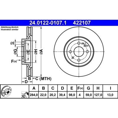Bilde av ATE 24.0122 0107.1 Bremseskiver 284,0 22,0 4 98,0 ventilert belagt FIAT: Punto II Hatchback, ALFA ROMEO: 155