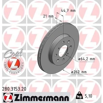 Bilde av ZIMMERMANN COAT Z 280.3153.20 Bremseskiver 262 21 8/4 4 100 innvendig ventilert belagt HONDA: CIVIC 7 Hatchback, 6 Coupe, Jazz 3