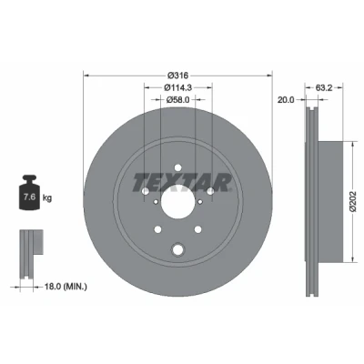 Bilde av TEXTAR PRO 92243703 Bremseskiver 316 20 05/08 114,3 innvendig ventilert belagt uten hjulfestebolt, hjulnav SUBARU: Impreza III Hatchback
