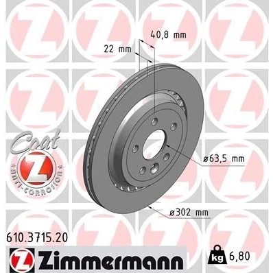 Bilde av ZIMMERMANN COAT Z 610.3715.20 Bremseskiver 302 22 6/5 5 108 innvendig ventilert belagt VOLVO: V60 I, V70 3, XC70 II Stasjonsvogn