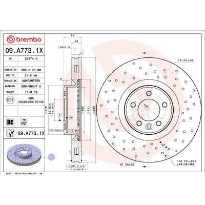 Bilde av BREMBO Bremseskive LAND ROVER: Range Rover Sport, 4 380mm 34mm 5 perforert / ventilert belagt høy karbon 09.A773.1X