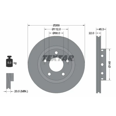Bilde av TEXTAR 92098400 Bremseskiver 269 22 05/05 112 utvendig ventilert uten hjulfestebolt, hjulnav AUDI: A8 D3, D2