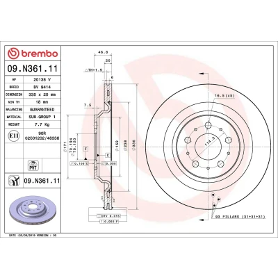 Bilde av BREMBO 09.N361.11 Bremseskiver 335 20 5 innvendig ventilert belagt TESLA: Model 3