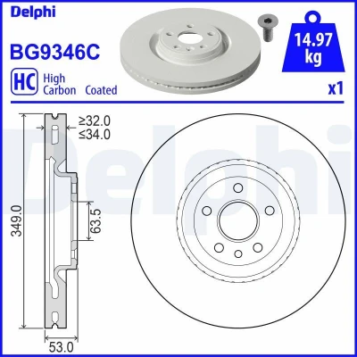 Bilde av DELPHI BG9346C Bremseskiver 349 34 5 ventilert belagt høy karbon uten hjullager, ABS sensorring LAND ROVER: Range Rover Evoque