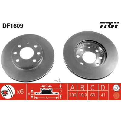 Bilde av TRW DF1609 Bremseskiver 236 19,9 6 100 ventilert spraylakkert OPEL: Vectra A Sedan, Ascona B Corsa Hatchback, DAEWOO: Lanos Sedan
