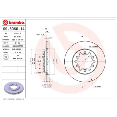Bilde av BREMBO 09.8066.14 Bremseskiver 260 26 6 innvendig ventilert NISSAN: Navara Pick up