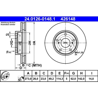 Bilde av ATE 24.0126 0148.1 Bremseskiver 273,0 26,0 5 114,3 ventilert belagt TOYOTA: Auris Hatchback, Corolla X Sedan