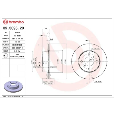 Bilde av BREMBO 09.3095.20 Bremseskiver 231 17 4 innvendig ventilert
