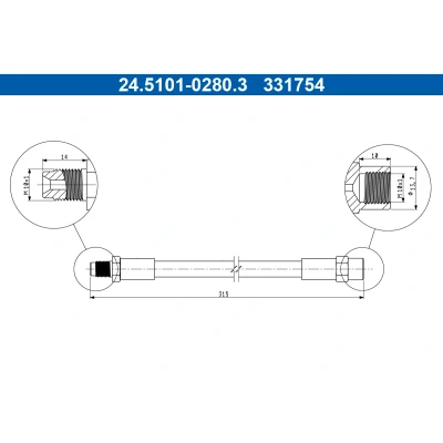 Bilde av ATE 24.5101 0280.3 Bremseslange 315mm M10x1mm MERCEDES BENZ: W124 Stasjonsvogn, E Klasse T modell, W123 Stasjonsvogn