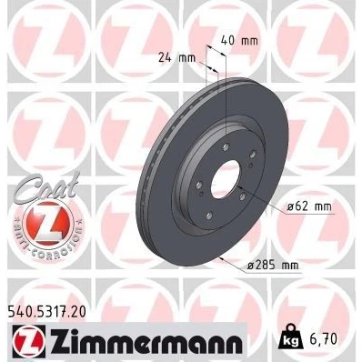 Bilde av ZIMMERMANN Bremseskive SUZUKI: SWIFT 5 285mm 24mm 7/5 hull 114mm innvendig ventilert belagt 540.5317.20 5531168R00,5531168R00000 Bremseskiver