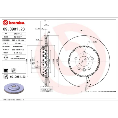 Bilde av BREMBO 09.C981.23 Bremseskiver 325 30 5 innvendig ventilert, todelt bremseskive belagt høy karbon