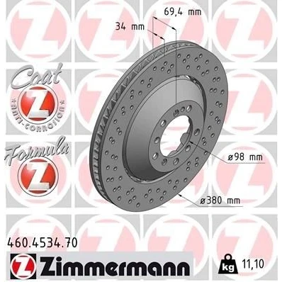 Bilde av ZIMMERMANN 460.4534.70 Bremseskiver 380 34 7/5 5 130 ventilert, hullet, todelt bremseskive belagt legert / høykull