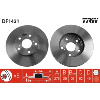 Bilde av TRW DF1431 Bremseskiver 275 28 5 114,3 ventilert spraylakkert TOYOTA: Camry IV Sedan, Previa / Estima II, V Sedan