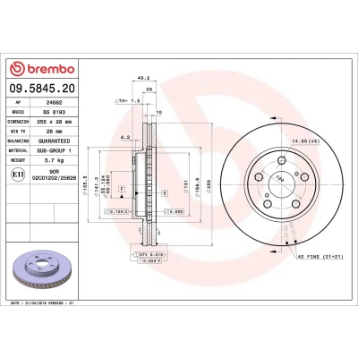 Bilde av BREMBO 09.5845.20 Bremseskiver 255 28 5 innvendig ventilert TOYOTA: Carina E Hatchback, Sedan