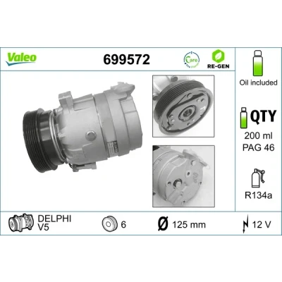 Bilde av VALEO 699572 Kompressor V5 12 PAG 46 R 134a med kompressorlje REMANUFACTURED