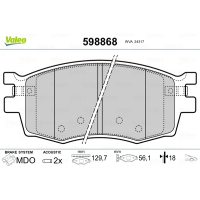 Bilde av VALEO 598868 Bremseklosser framaksel inkl. slitasjevarselkontakt med antihyle blikk HYUNDAI: ix35, i20 I Hatchback, i30 Stasjonsvogn, KIA: RIO 2