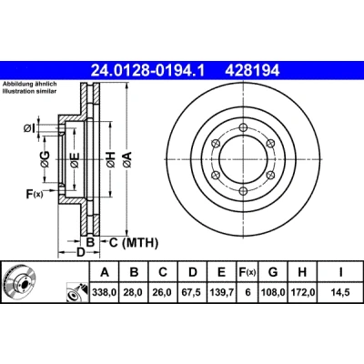 Bilde av ATE 24.0128 0194.1 Bremseskiver 338,0 28,0 6 139,7 ventilert belagt TOYOTA: Land Cruiser Prado 120, 150