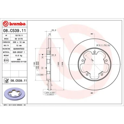 Bilde av BREMBO 08.C539.11 Bremseskiver 308 16 5 fullt ut belagt FORD: Transit V363 Flatvogn lastebil / Chassis, Van, Mk6 Minibuss