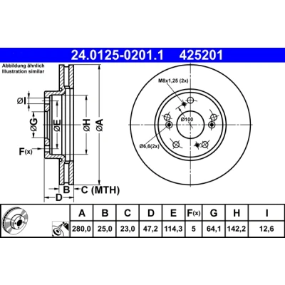 Bilde av ATE 24.0125 0201.1 Bremseskiver 280,0 25,0 5 114,3 ventilert belagt HONDA: CIVIC 9, 8, 10