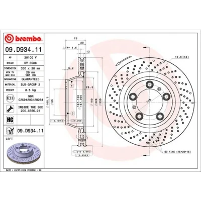 Bilde av BREMBO 09.D934.11 Bremseskiver 330 28 5 perforert / ventilert belagt høy karbon med skruer PORSCHE: 911 Coupé