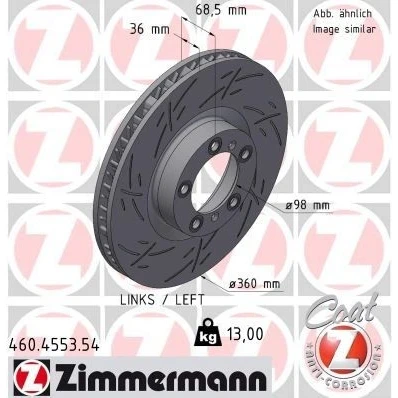 Bilde av ZIMMERMANN Bremseskive 360mm 36mm 7/5 5 hull 130mm innvendig ventilert, med sliss belagt høy karbon 460.4553.54 9J1615301A,9Y0615301A Bremseskiver