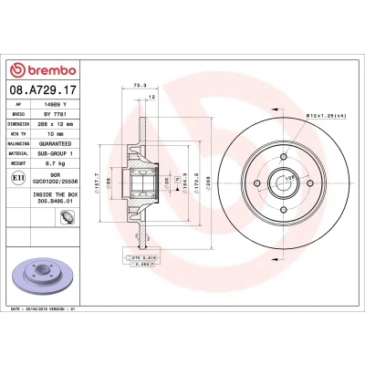 Bilde av BREMBO BEARING DISC LINE 08.A729.17 Bremseskiver 268 12 4 fullt ut med hjullagersett, ABS senorring PEUGEOT: Partner II Tepee, 5008 I