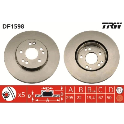 Bilde av TRW DF1598 Bremseskiver 295 22 5 112 ventilert spraylakkert MERCEDES BENZ: W124 Sedan, E Klasse T modell, Stasjonsvogn